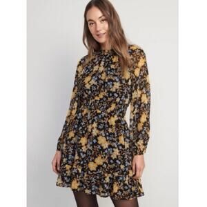 GAP Plus Floral Smocked Waist Long Sleeve Mini Dress Black Yellow Size 3X